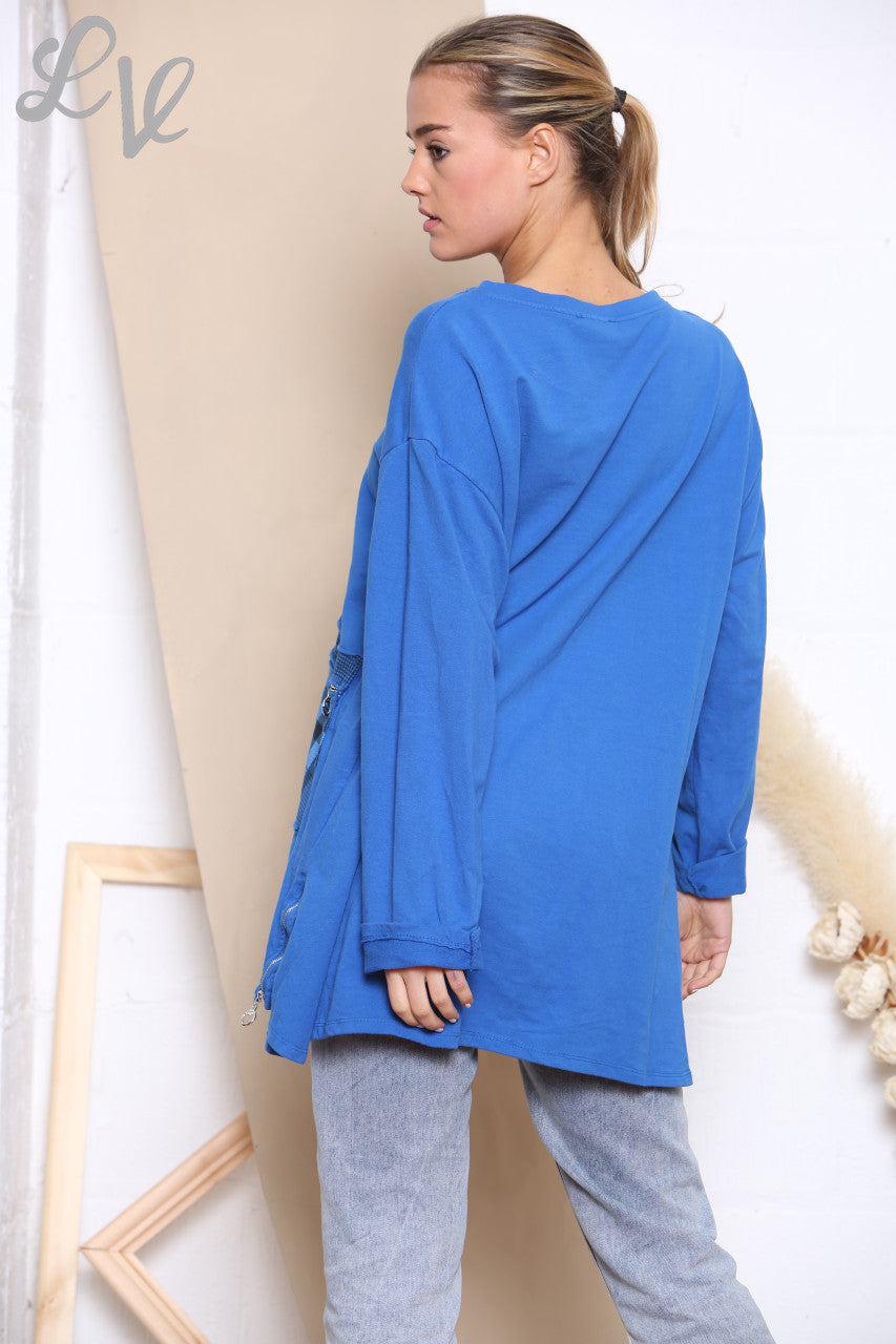 Ladies Checked Patchwork Pocket Sweatshirt Top Royal Blue