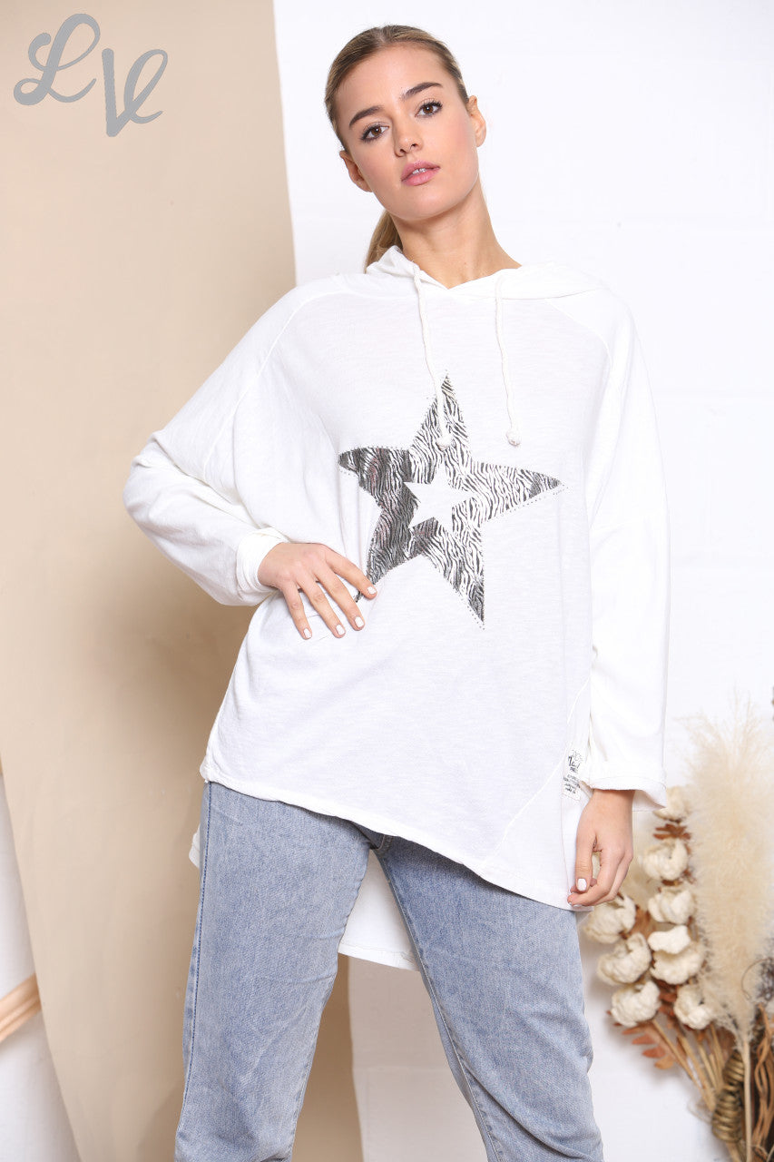 Ladies Animal Star Foil Sweatshirt Hooded Top White