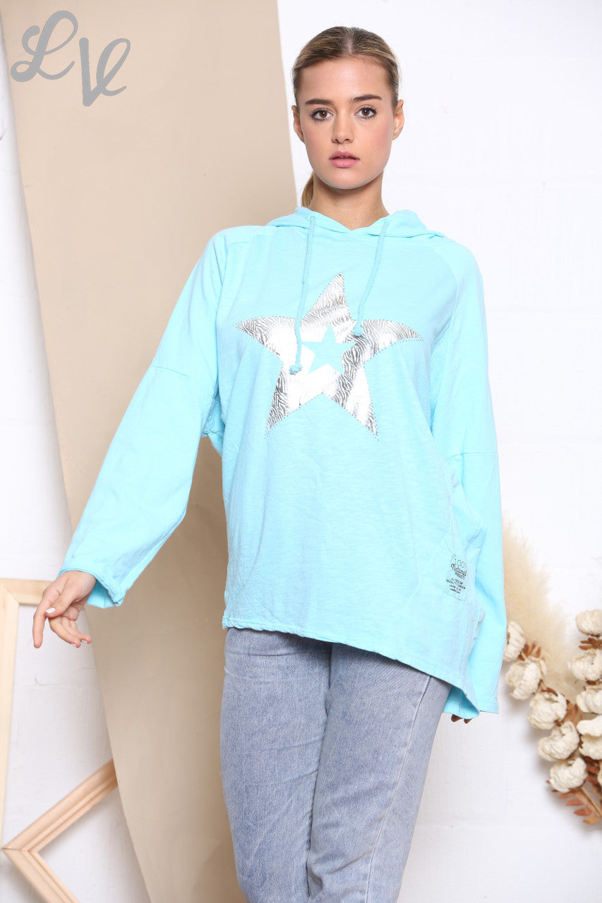 Ladies Animal Star Foil Sweatshirt Hooded Top Turquoise
