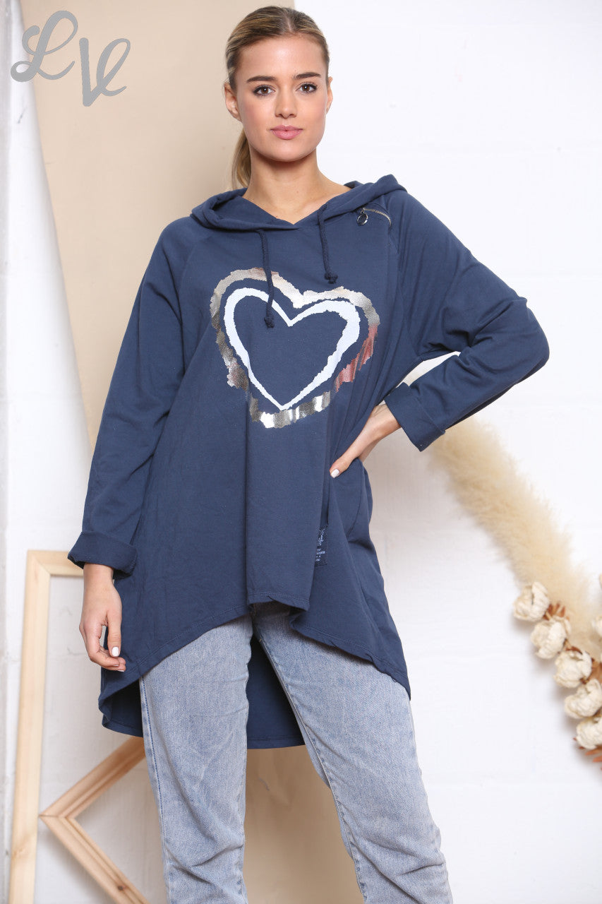 Ladies Foil Double Heart Hooded Sweatshirt Top Navy