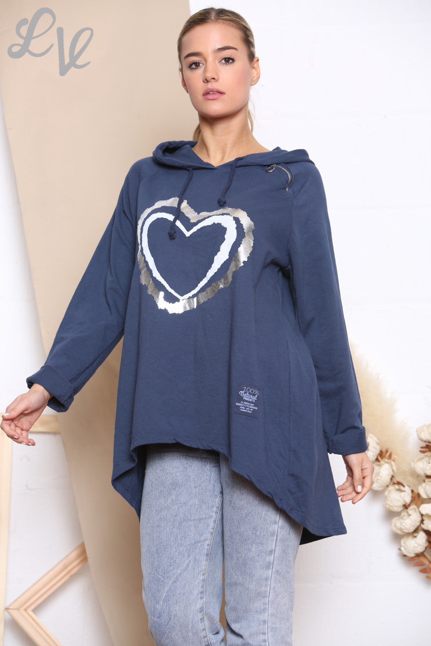Ladies Foil Double Heart Hooded Sweatshirt Top Navy