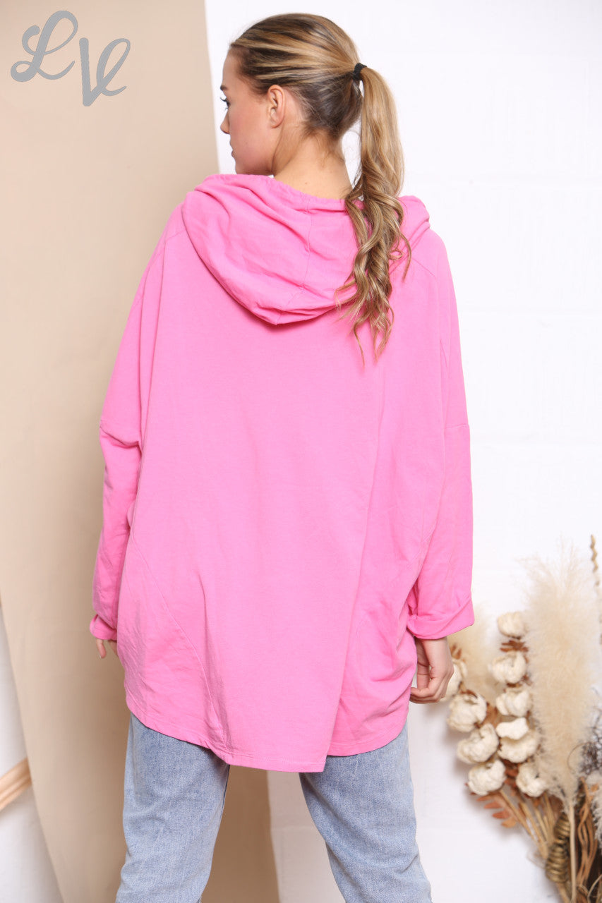 Ladies Animal Star Foil Sweatshirt Hooded Top Cerise
