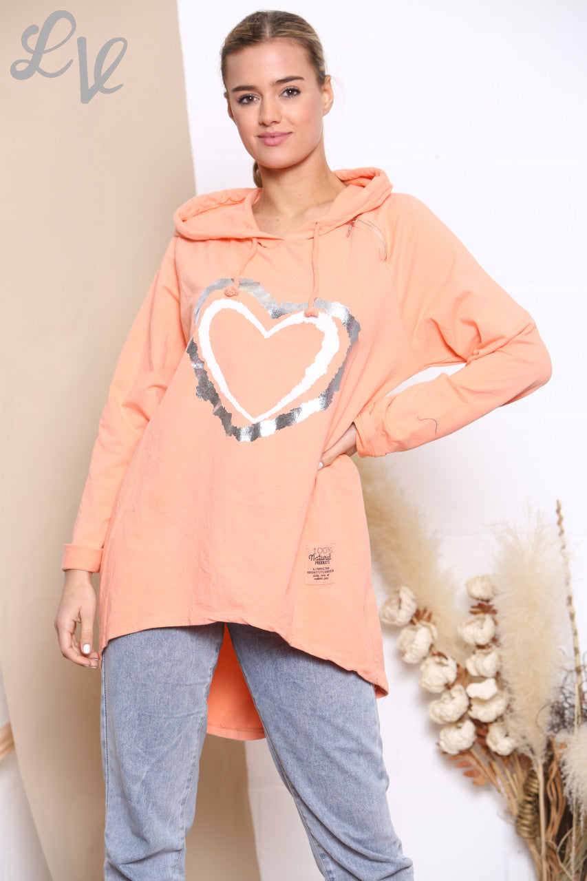 Ladies Foil Double Heart Hooded Sweatshirt Top Coral