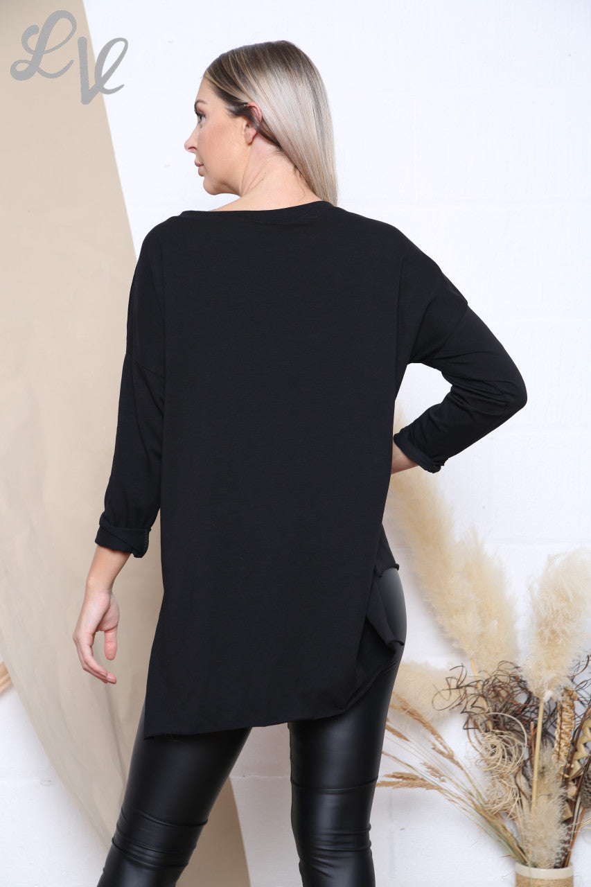 Dames Top Zwart met Zakken & Badge Eenheidsprijs € 6,99