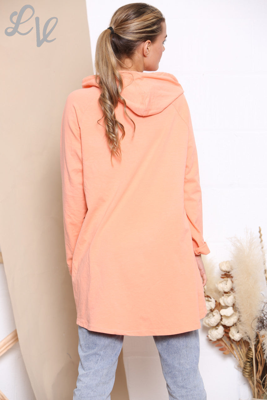Ladies Foil Double Heart Hooded Sweatshirt Top Coral