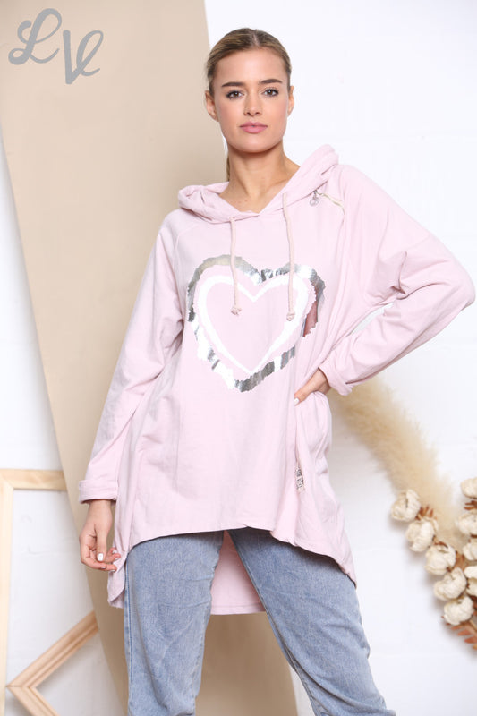 Dames Folie Dubbel Hart Hooded Sweatshirt Top Stoffig Roze