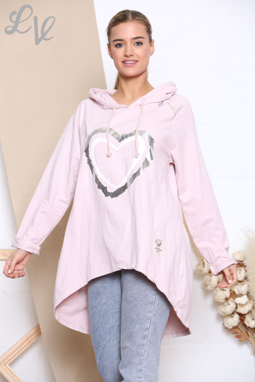 Ladies Foil Double Heart Hooded Sweatshirt Top Dusty Pink