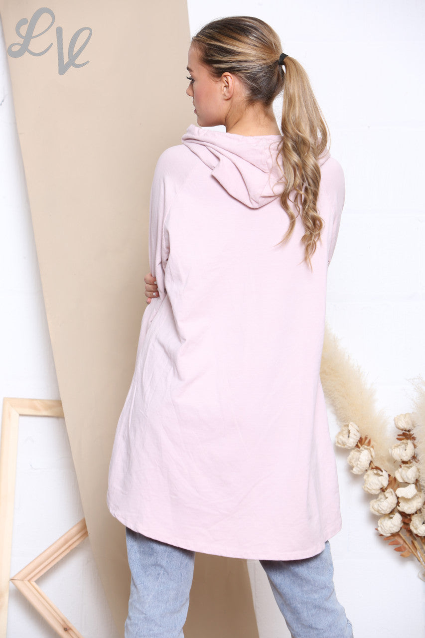 Ladies Foil Double Heart Hooded Sweatshirt Top Dusty Pink