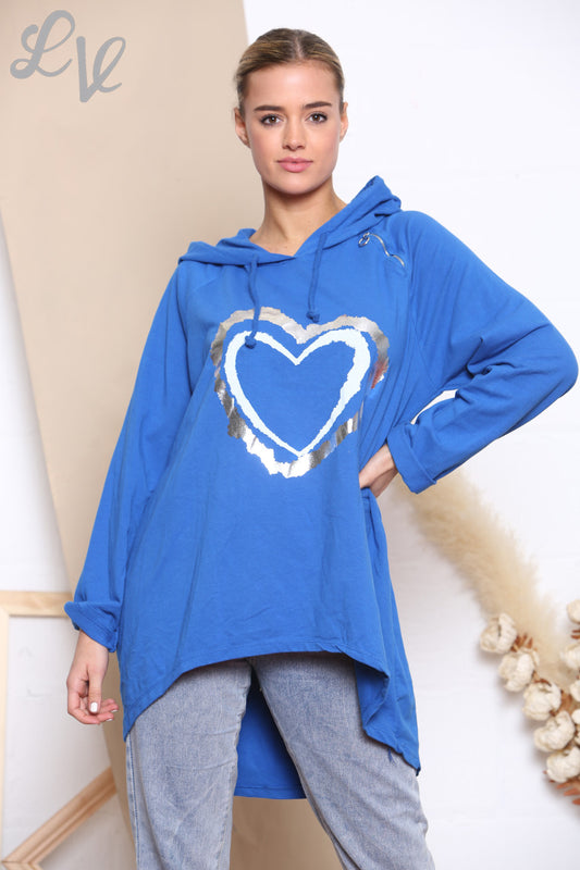 Dames Folie Dubbele Hart Hooded Sweatshirt Top Koningsblauw