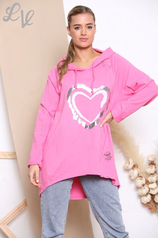 Dames Folie Dubbel Hart Hooded Sweatshirt Top Cerise