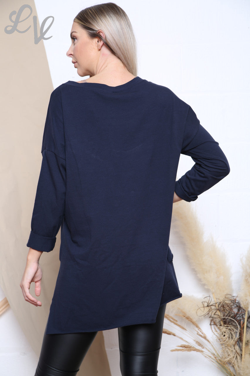 Dames Top met Zak & Badge Detail Marine Stukprijs € 6,99