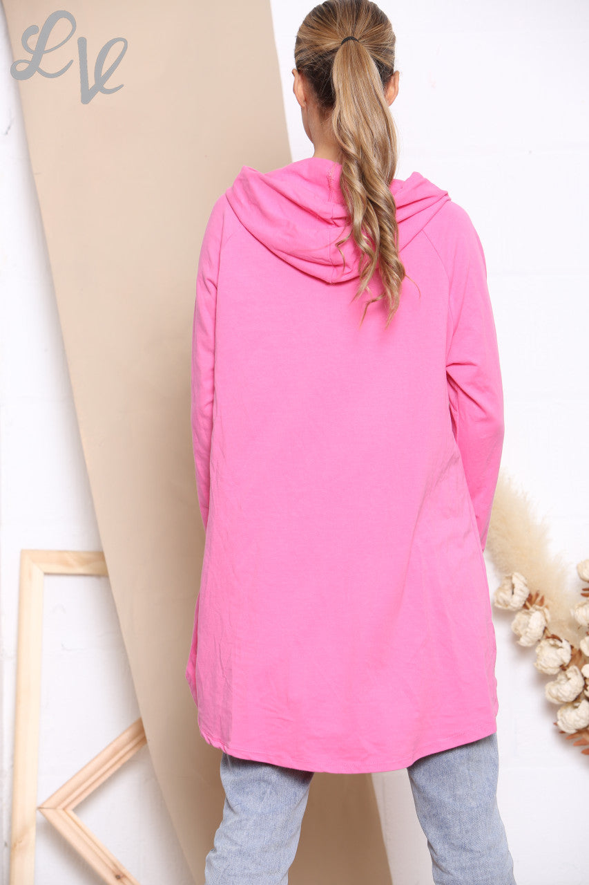 Ladies Foil Double Heart Hooded Sweatshirt Top Cerise
