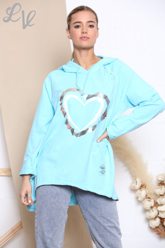 Dames Folie Dubbel Hart Hooded Sweatshirt Top Turkoois
