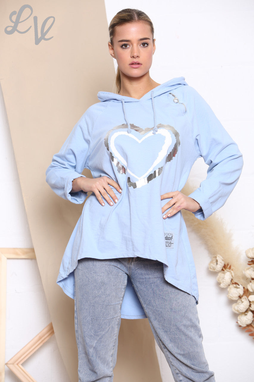 Ladies Foil Double Heart Hooded Sweatshirt Top Sky Blue