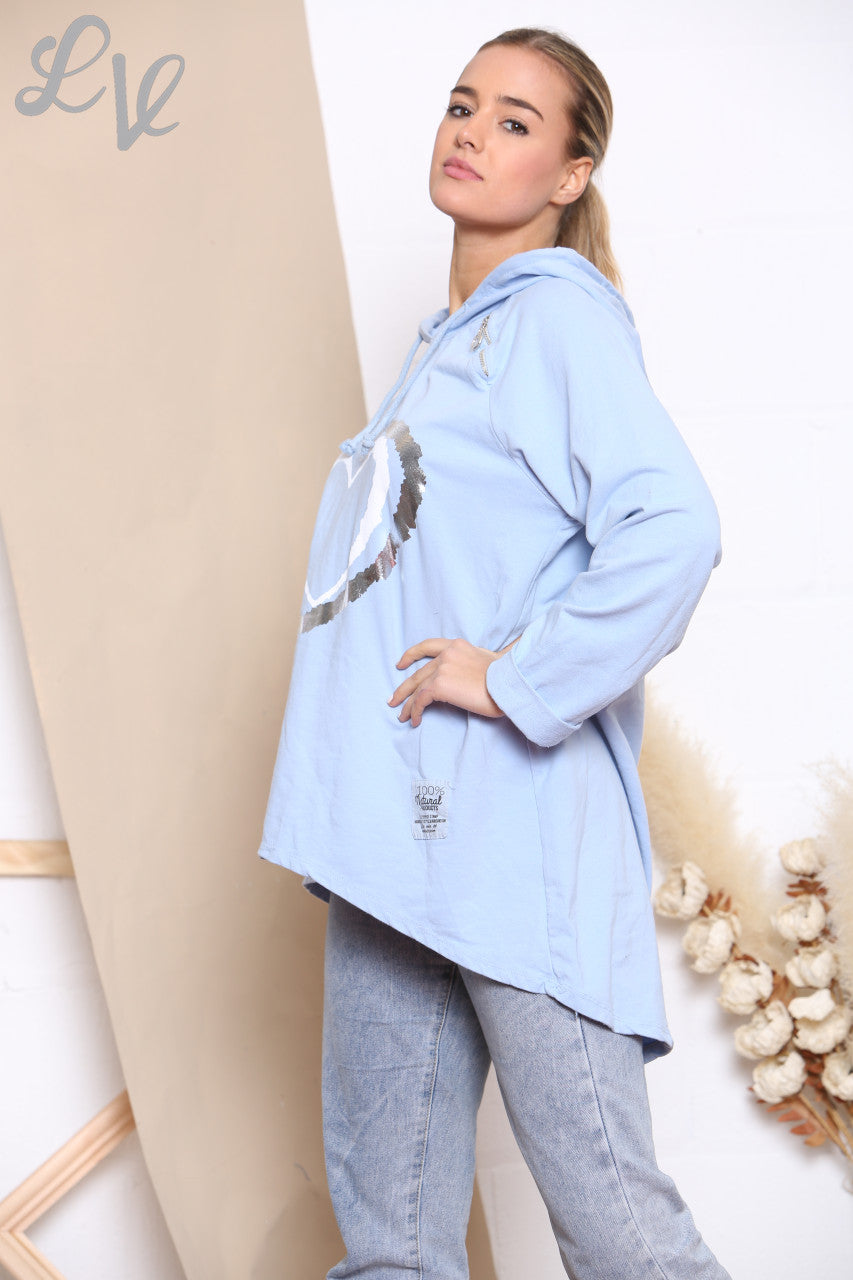 Ladies Foil Double Heart Hooded Sweatshirt Top Sky Blue