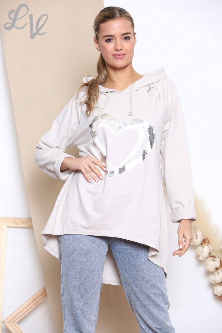 Dames Folie Dubbel Hart Hooded Sweatshirt Top Steen