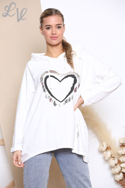 Dames Folie Dubbele Hart Capuchon Sweater Top Wit