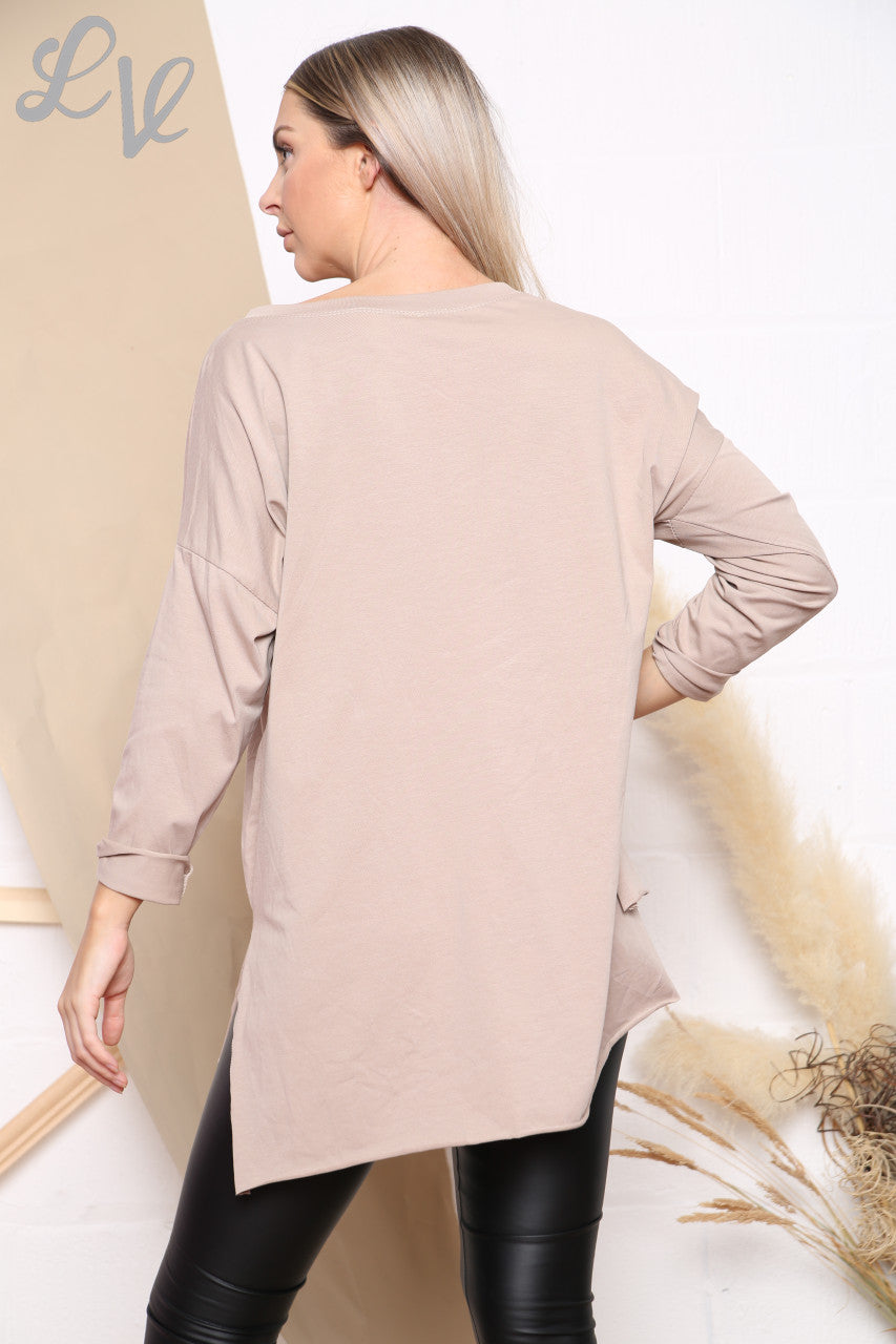 Dames top met zakdetails Taupe Stukprijs €6,99