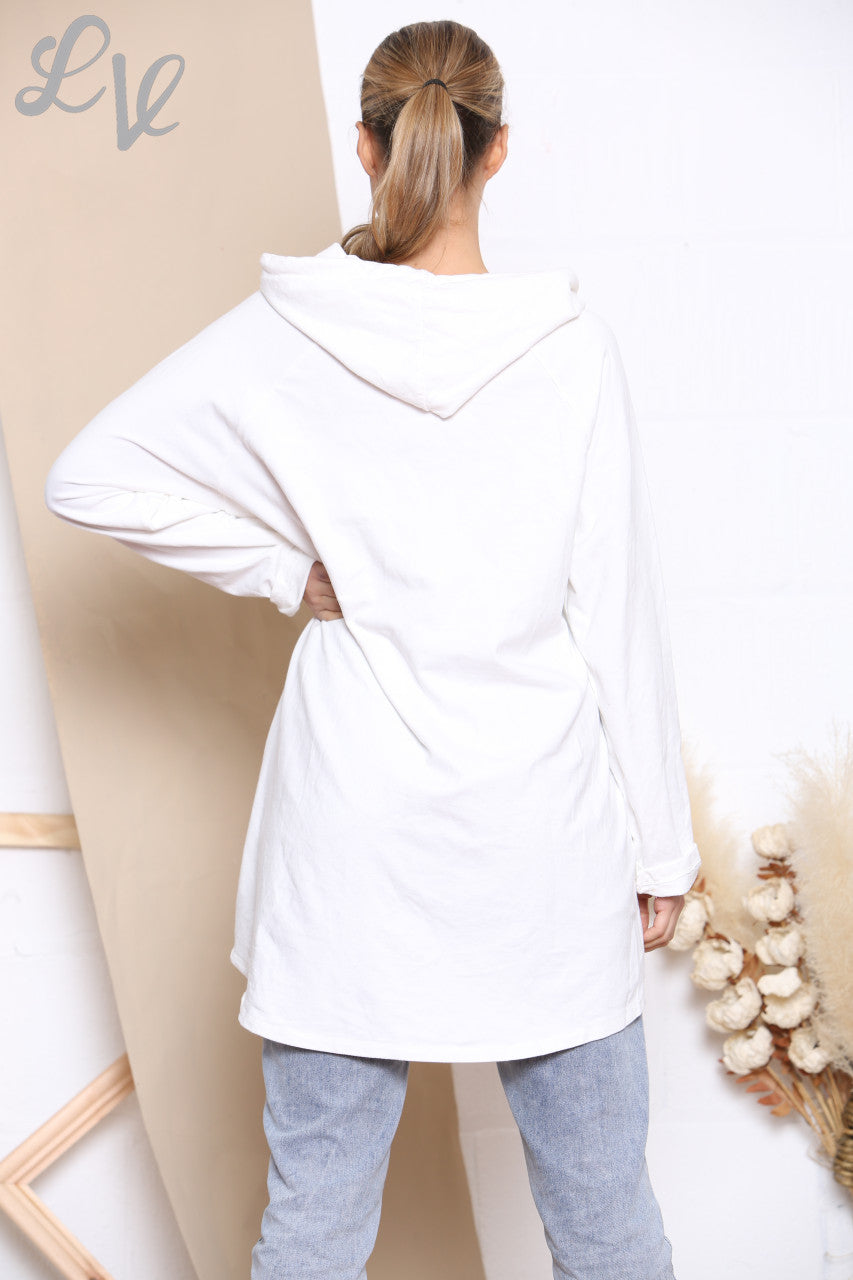 Ladies Foil Double Heart Hooded Sweatshirt Top White