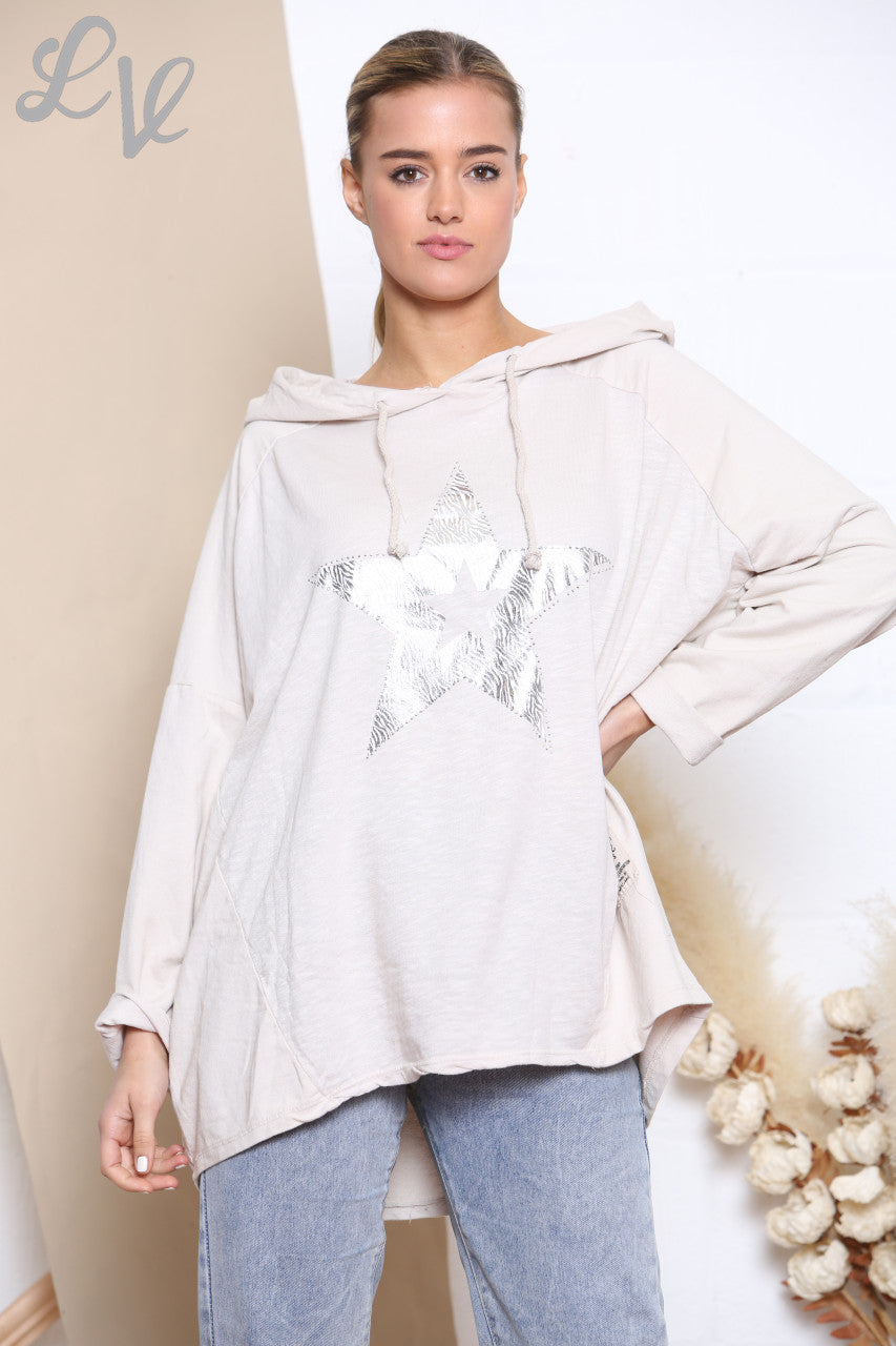 Ladies Animal Star Foil Sweatshirt Hooded Top Stone