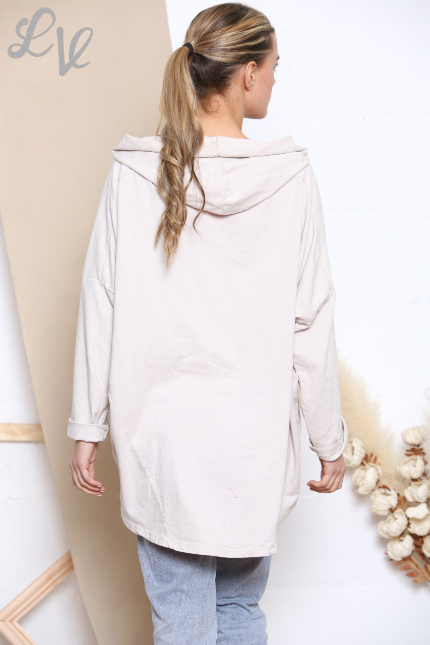 Ladies Animal Star Foil Sweatshirt Hooded Top Stone