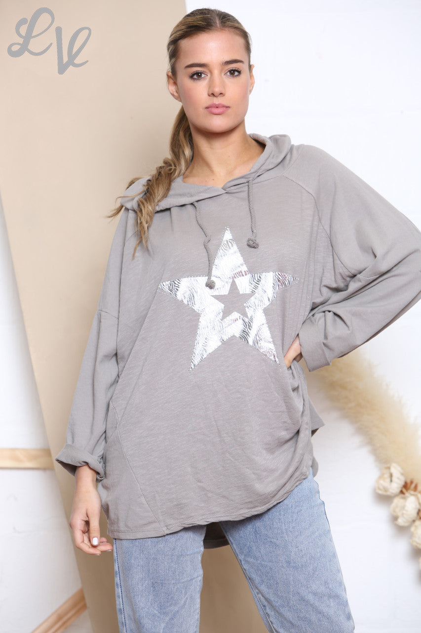 Ladies Animal Star Foil Sweatshirt Hooded Top Taupe