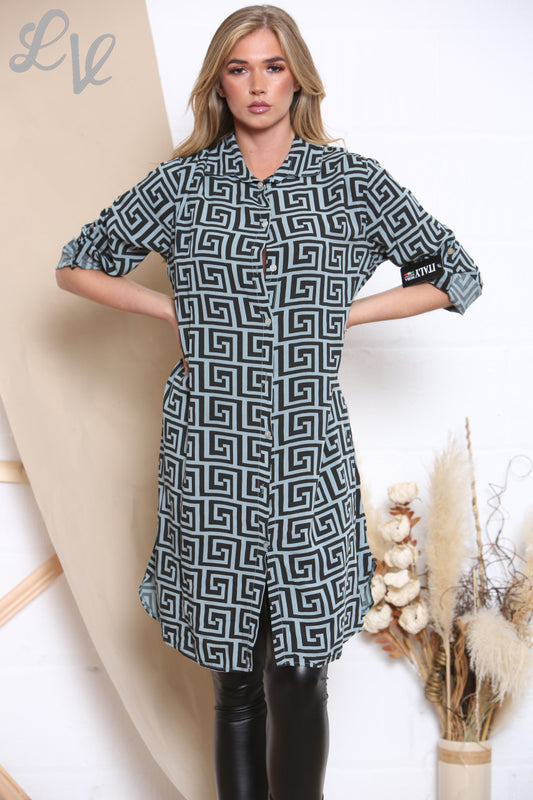 Ladies Geometric Print Longline Shirt Teal Unit Price £10.99