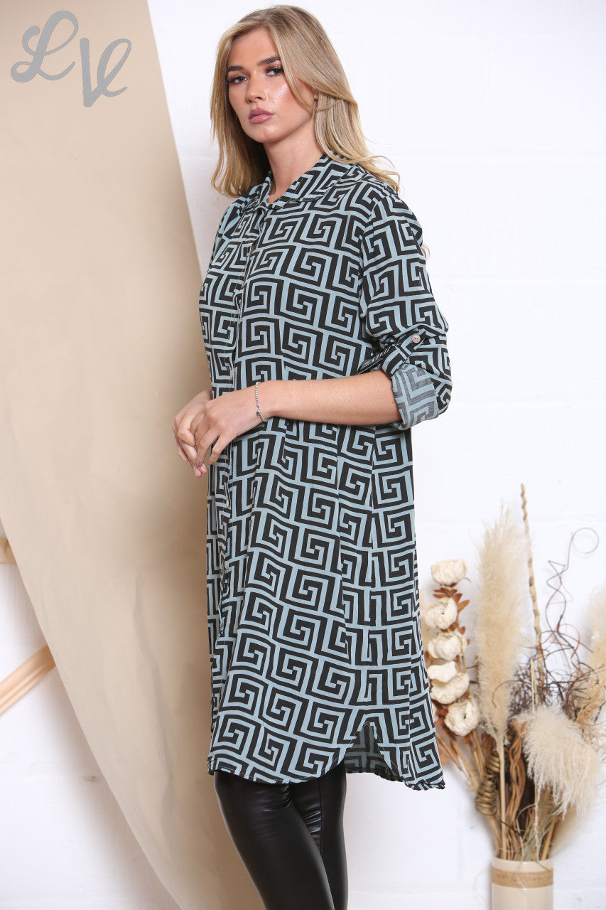 Ladies Geometric Print Longline Shirt Teal Unit Price £10.99