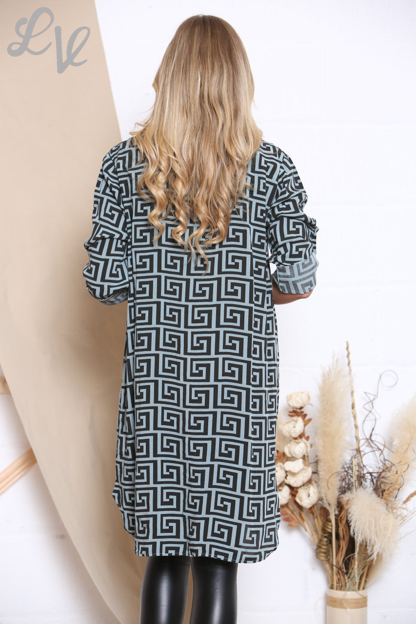 Ladies Geometric Print Longline Shirt Teal Unit Price £10.99