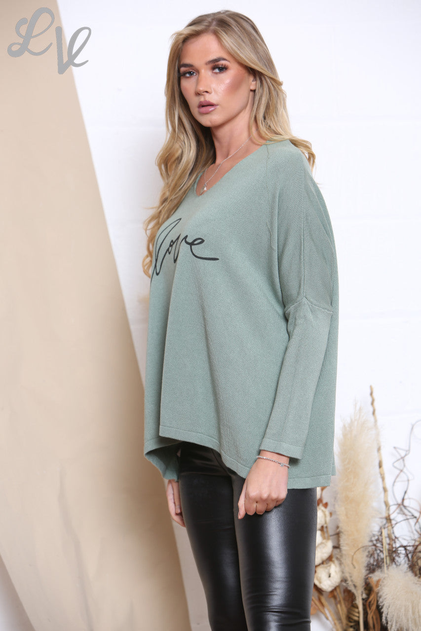 Ladies Love Script Fine Knit Top Khaki Unit Price WAS £16.99 NOW £8.99