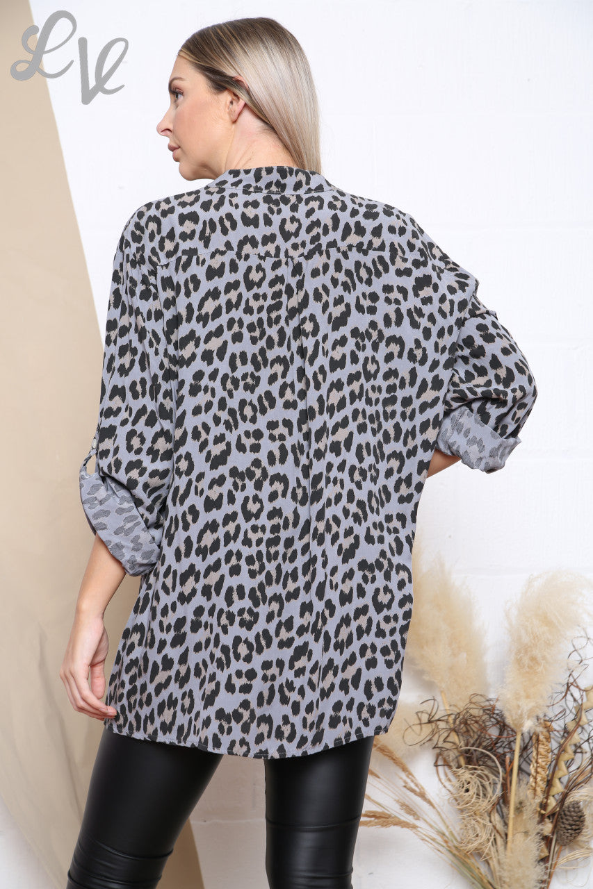 Ladies Leopard Print Shirt Grey