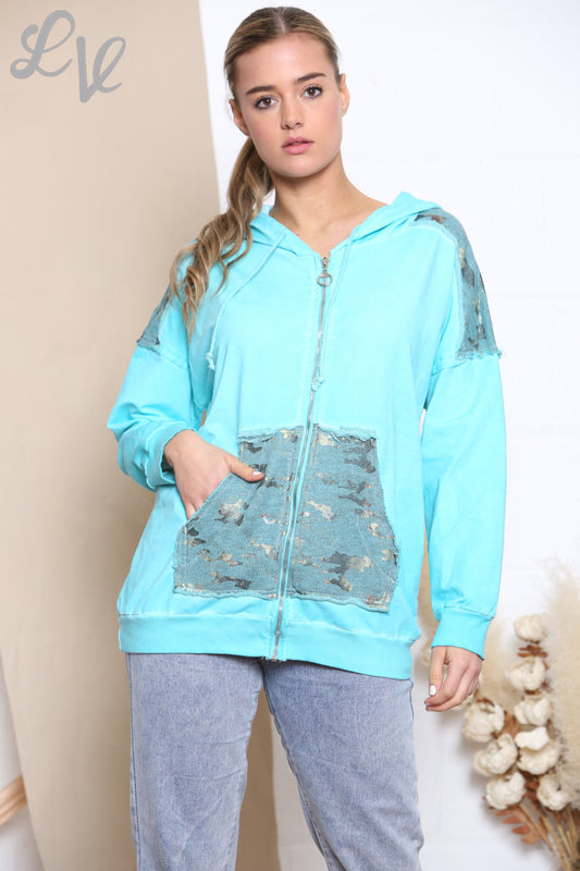 Dames Camouflage Folie Patchwork Jasje Top Turkoois