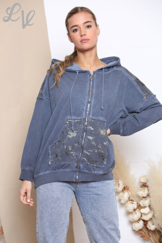 Dames camouflagefolie patchwork jasje top marine