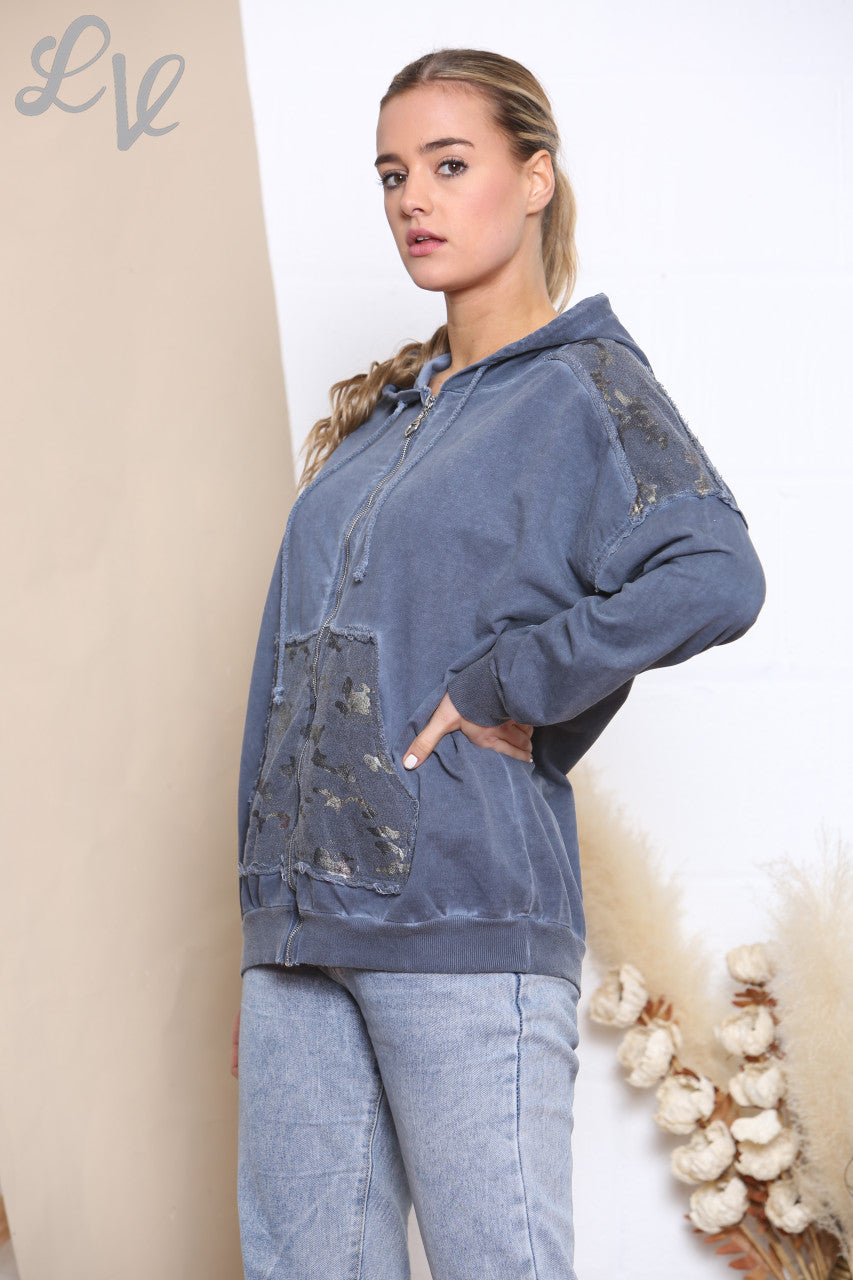 Ladies Camouflage Foil Patchwork Jacket Top Navy