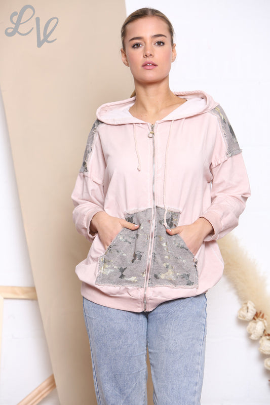 Dames Camouflage Folie Patchwork Jasje Top Dusty Pink