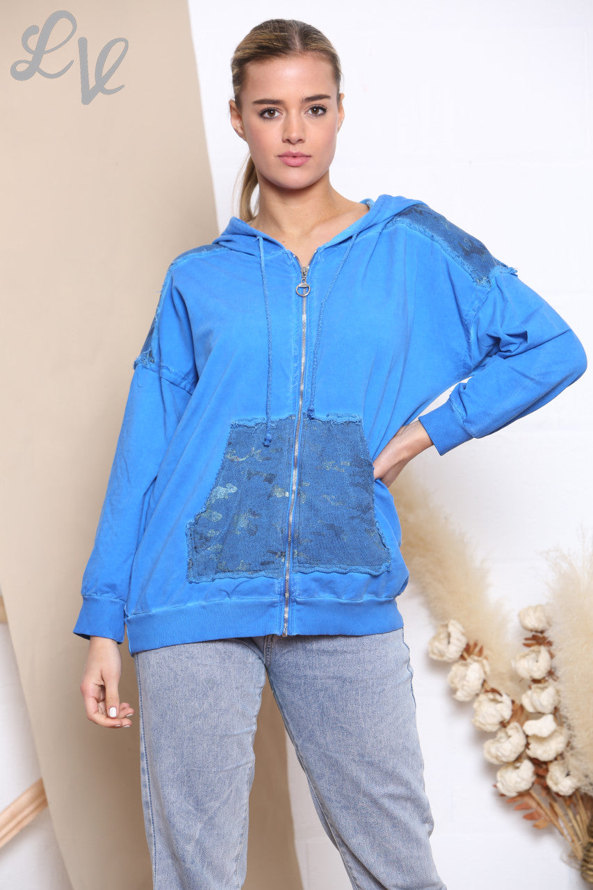 Ladies Camouflage Foil Patchwork Jacket Top Royal Blue
