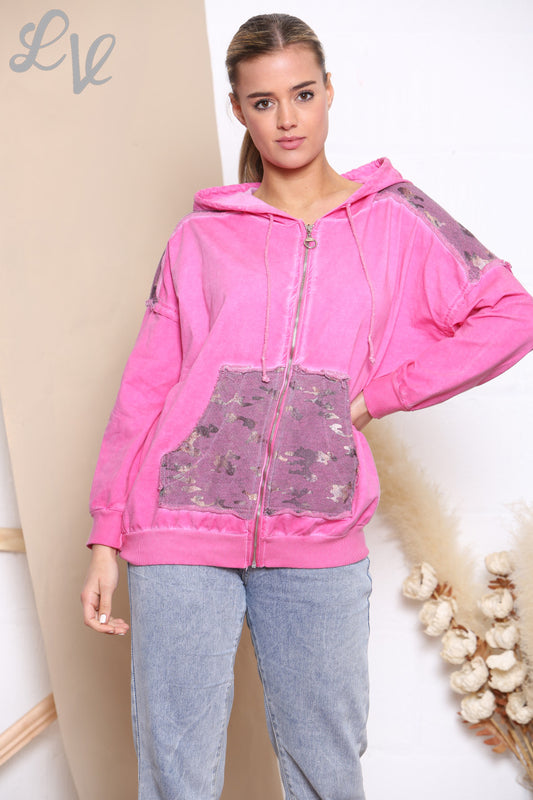 Dames Camouflage Folie Patchwork Jasje Top Cerise