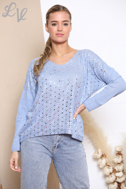 Dames Ditsy Hart Fijne Gebreide Trui Top Denim