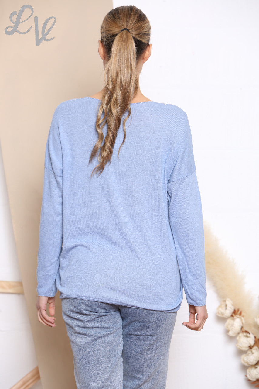 Ladies Ditsy Heart Fine Knit Jumper Top Denim