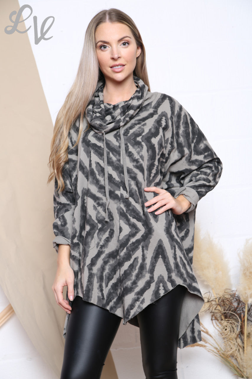Ladies Geometric Print Cowl Neck Tunic Top Taupe Unit Price £12.99