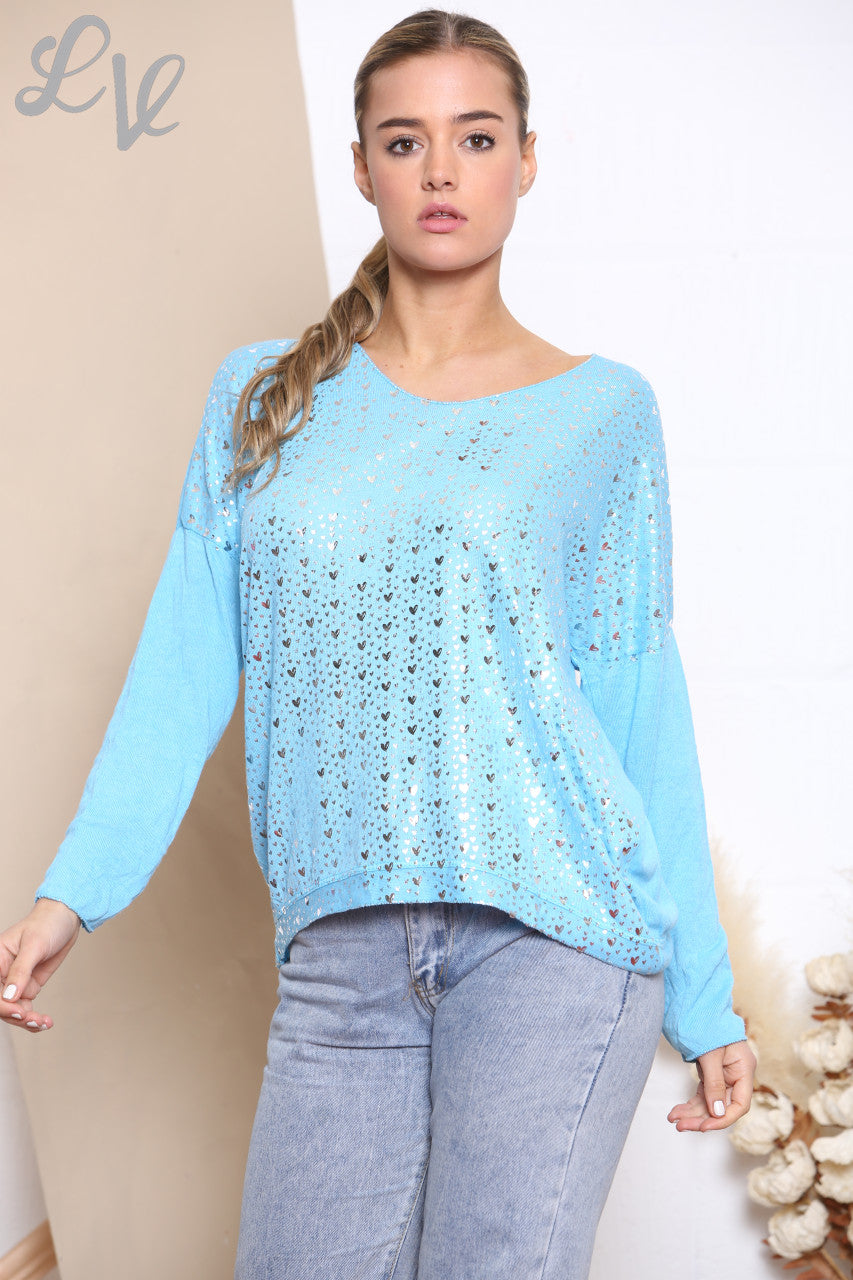 Ladies Ditsy Heart Fine Knit Jumper Top Turquoise