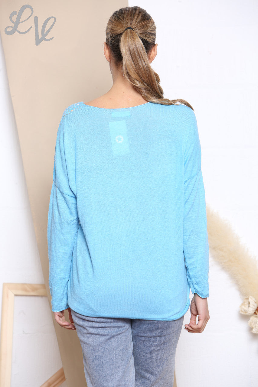 Ladies Ditsy Heart Fine Knit Jumper Top Turquoise