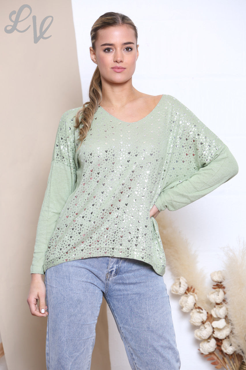 Ladies Ditsy Heart Fine Knit Jumper Top Olive