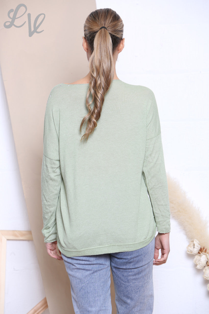 Ladies Ditsy Heart Fine Knit Jumper Top Olive