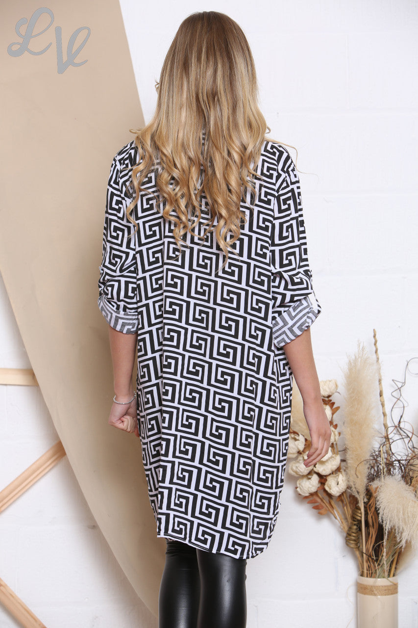 Dames Lang Tuniek Overhemd met Geometrische Print Wit Stukprijs €10,99