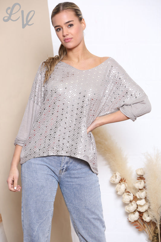 Dames Ditsy Heart Fijngebreide Trui Top Taupe