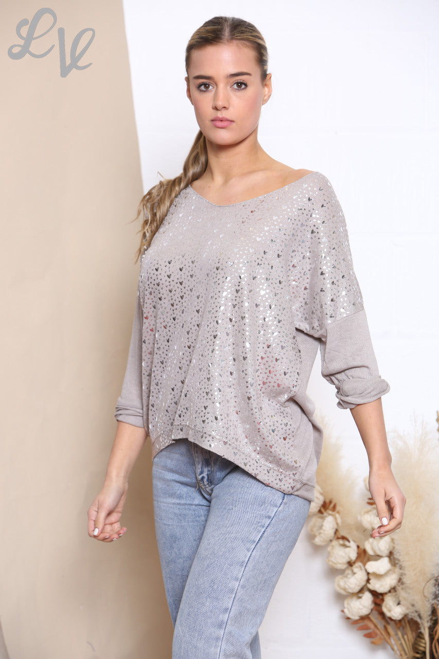 Ladies Ditsy Heart Fine Knit Jumper Top Taupe