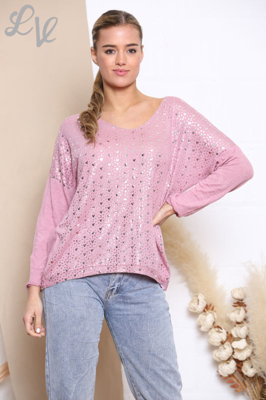 Dames gebreide trui met ditsy hartjes roze