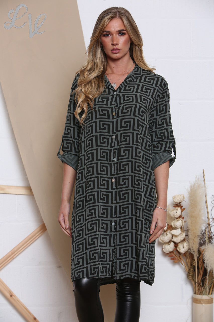 Ladies Geometric Print Longline Shirt Khaki Unit Price £10.99