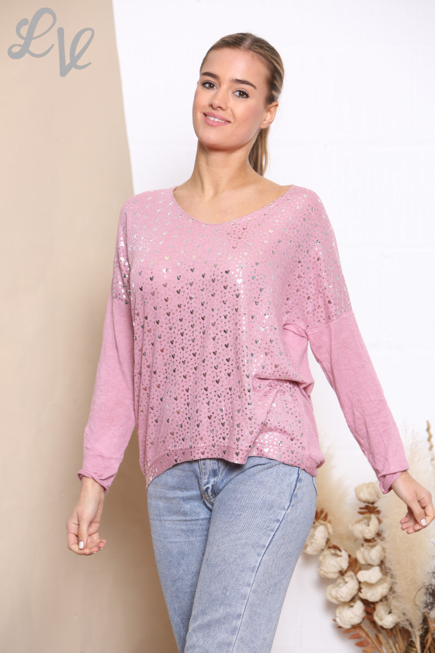 Ladies Ditsy Heart Fine Knit Jumper Top Pink